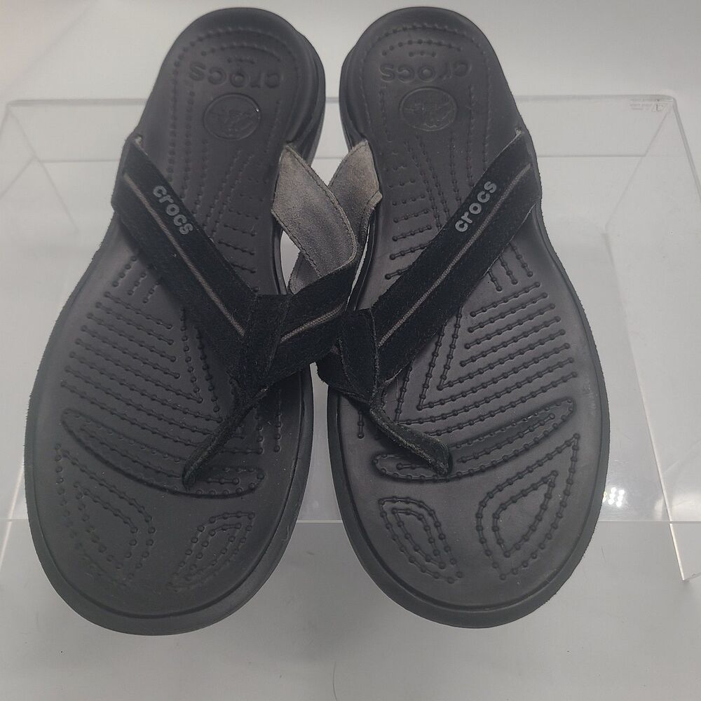 CROCS Santa Cruz Leather Black Flip Flop Men's Sandals US Sz 13